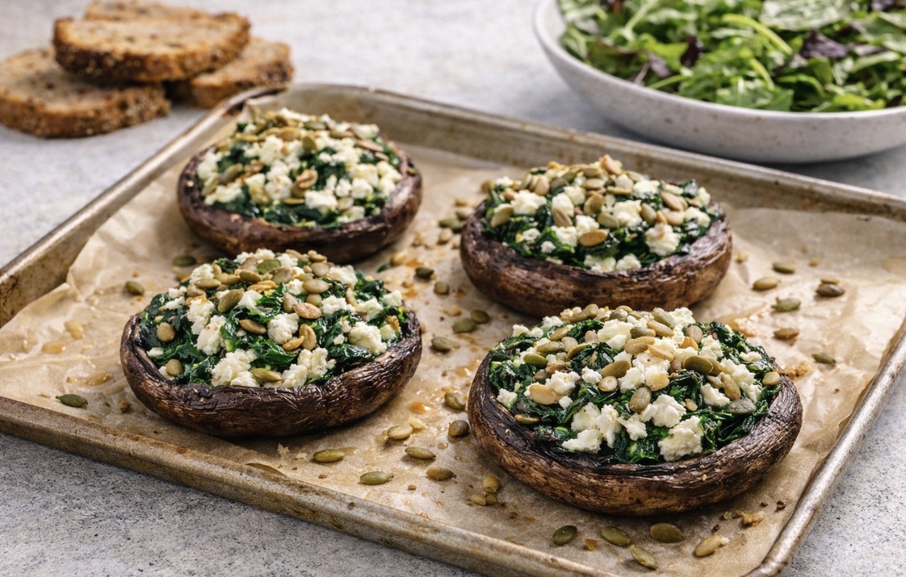 Recette NutriSimple Gros champignons portobellos farcis aux épinards et feta