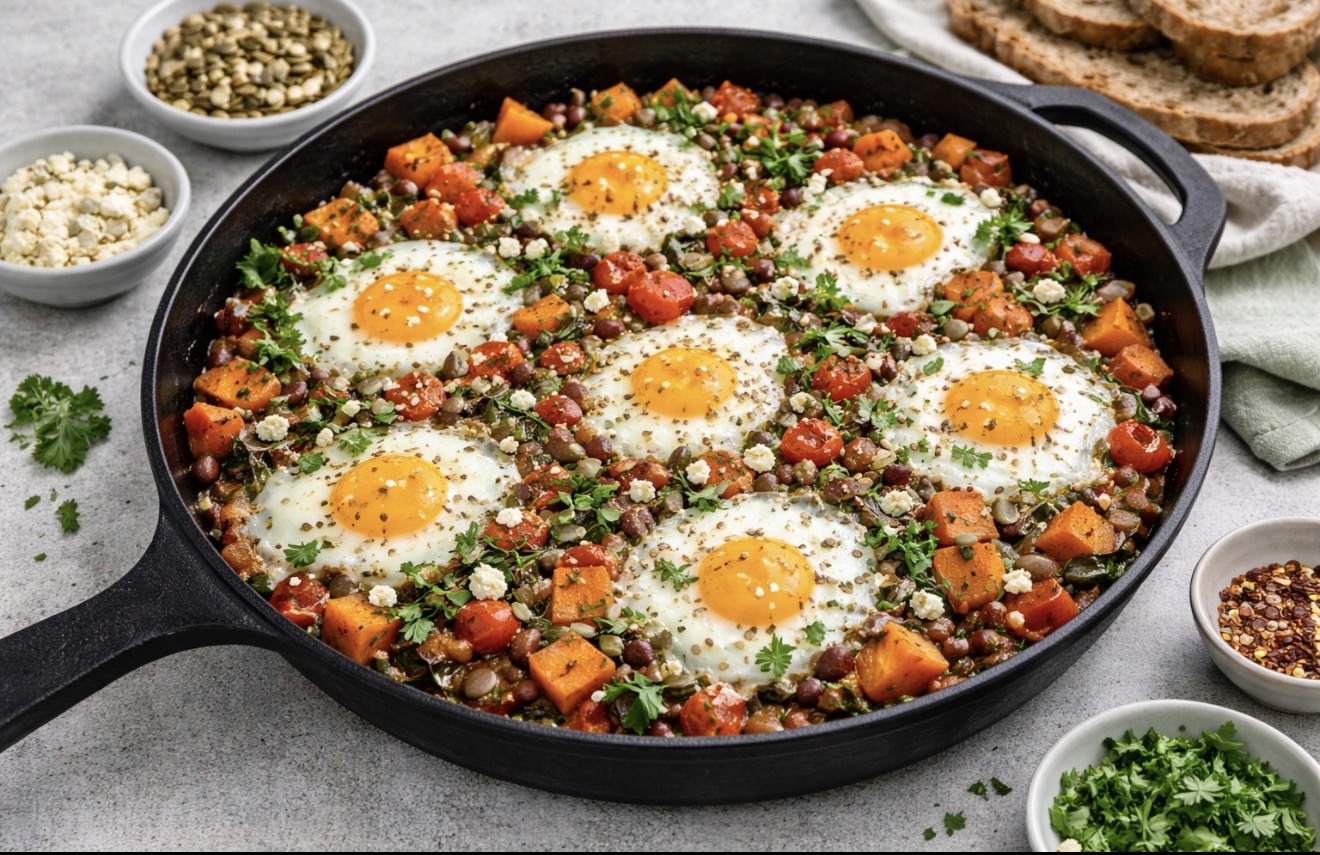 Recette NutriSimple Poêlée de patates douces, tomates & œufs au four