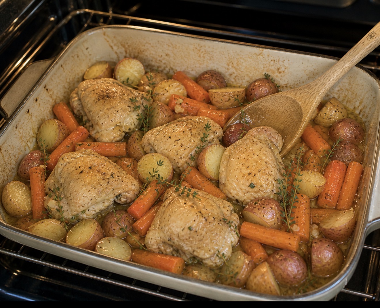 Cuisses de poulet braisées, carottes, pommes de terre et thym 