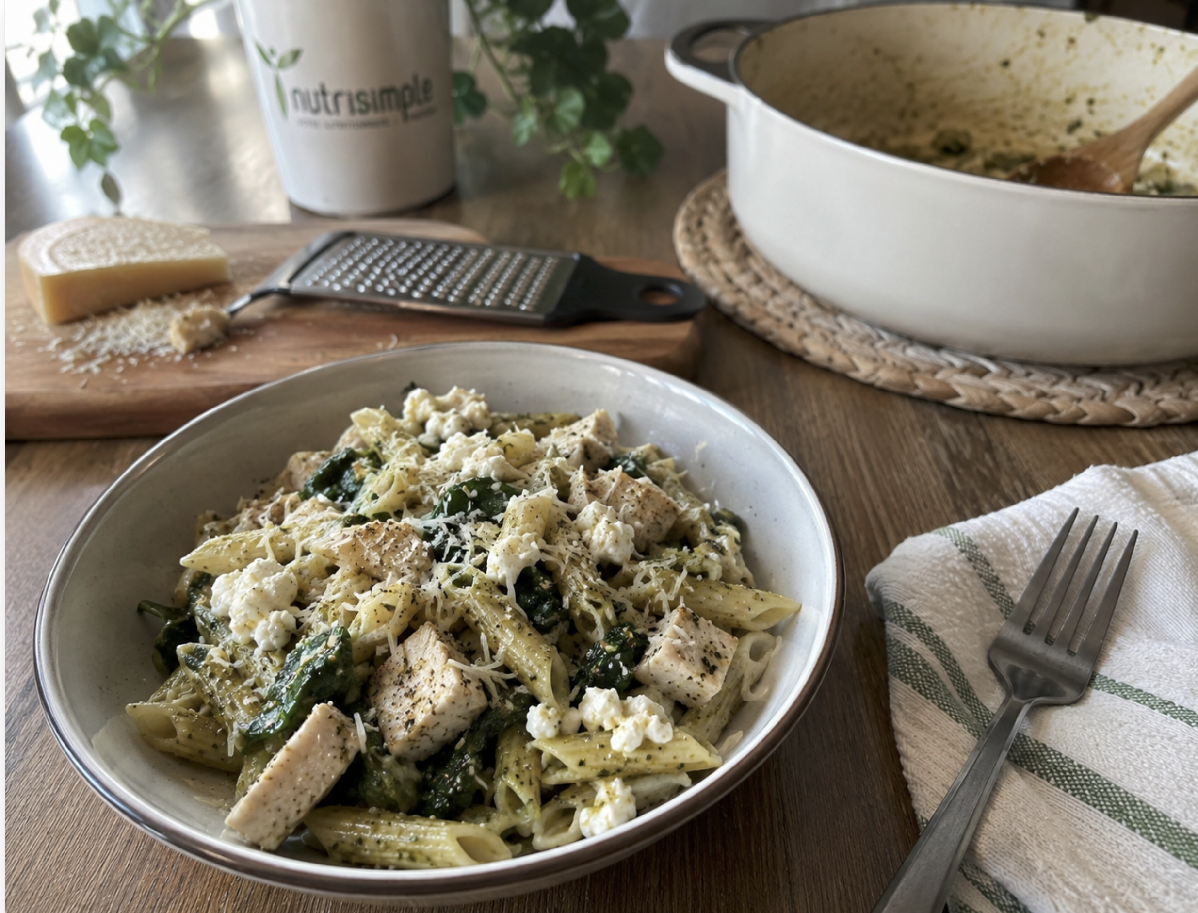 Pâtes crémeuses au poulet, pesto et épinards